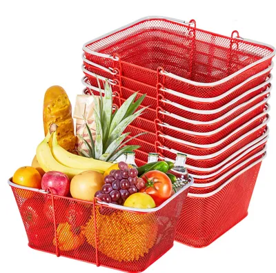 Immagine prodotto di Cestino per la spesa VEVOR, 12 pezzi, 22 l, cestino in metallo impilabile con maniglie, cestino per il trasporto, caricabile fino a 20 kg, cestino universale per generi alimentari, vendita al dettaglio, negozi, supermercati, librerie, rosso