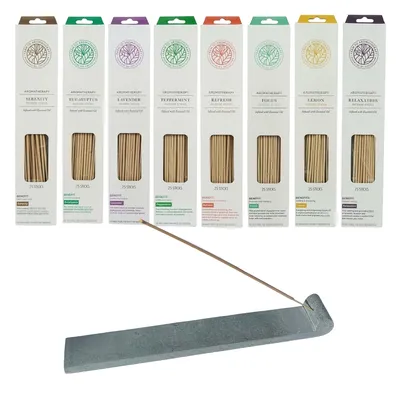 Immagine prodotto di Assortimento 200 pezzi Bastoncini d'incenso essenziali 8 meravigliose fragranze - 8 x 25 pezzi - incl. porta bastoncini d'incenso in pietra ollare