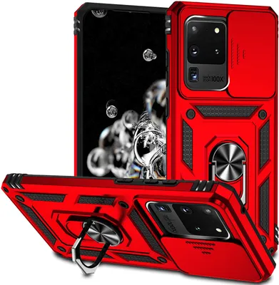 Produktbild von Galaxy S20 Ultra Hülle mit Schiebe Kamera Schutz und Ringhalter Ständer Robust Rüstung Schutzhülle für Samsung Galaxy S20 Ultra Rot