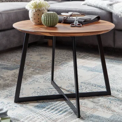 Immagine prodotto di FineBuy tavolino 60x60x45 cm sheesham legno massiccio/metallo tavolino da divano rotondo tavolo da soggiorno tavolino solido tavolino da salotto