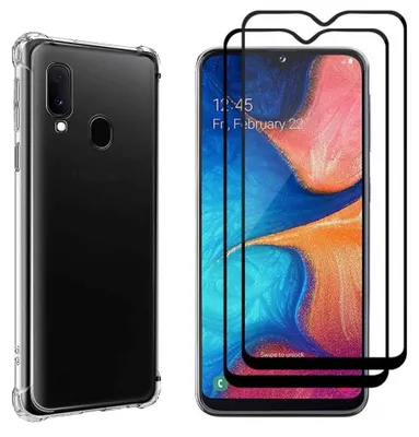 Produktbild von Stoßfeste Hülle für Samsung Galaxy A20E und 2 Displayschutzfolien  aus gehärtetem Glas mit schwarzen Rändern  Phonillico®