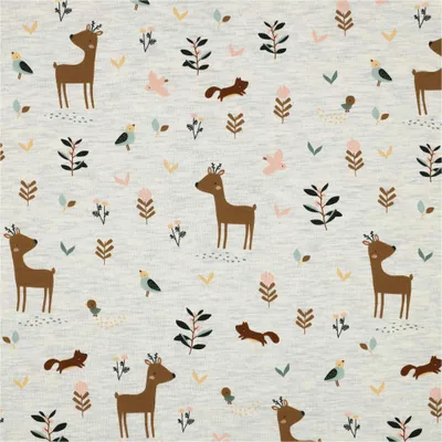 Motiv-Jersey meliert Kindermotive ab 0,5m Baumwoll-Stoff Meterware Reh Waldtiere creme