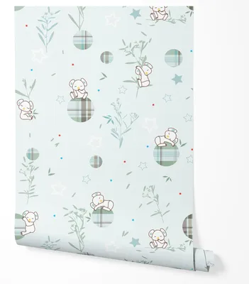Zdjęcie produktu dla TAPETA NA ŚCIANĘ DZIECIĘCE BIAŁE MISIE LIŚCIE NIEBIESKIE TŁO DO POKOJU DZIECKA 10m x 0.5m