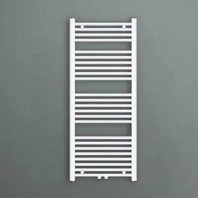 A white towel radiator is mounted on a gray wall.