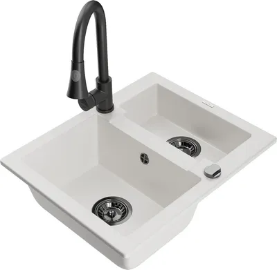 Produktbild von Mexen Carlos 1,5-Becken-Granitspüle mit Mischbatterie Elia, Weiß - 6518-20-670101-70