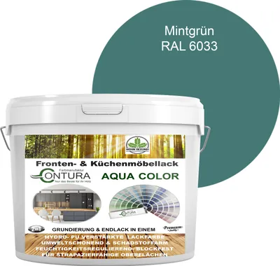 Produktbild von 2 Liter + Anlauger - Contura Küchenmöbellack RAL Möbellack SEIDENMATT SET Möbelfarbe Holzlack Buntlack Küchenlack - RAL 6033 Mintgrün