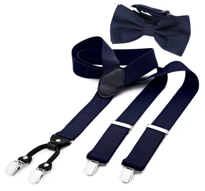 Produktbild von DonDon Herren 3,5 cm breiter Hosenträger in Y-Form elastisch und verstellbar im 2er Set mit farblich passender Fliege 12 x 6 cm Nachtblau