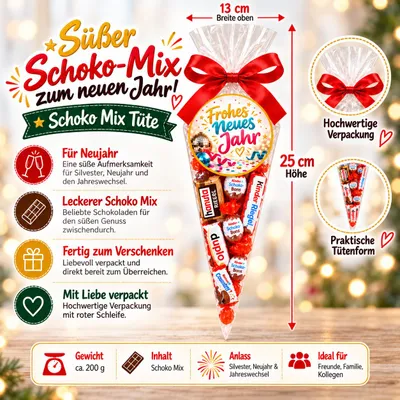 Produktbild von Frohe neues Jahr Schokolade Mix-Tüte 200 g – Weihnachtsgeschenk mit Schokoladen-Mix – Candy & Bar®