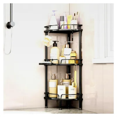 Produktbild von Eck-Duschablage Stehend 3 Stück - Rostfreies Duschregal mit Seifenablage und 4 Haken, Eckregal für Badewanne, Schwarzes Metallregal für Shampoo und Duschgel