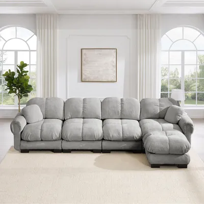 Zdjęcie produktu dla Modułowa, narożna sofa w kształcie litery L, dwuosobowa, z otomanką, obita tkaniną chenille, kolor jasnoszary