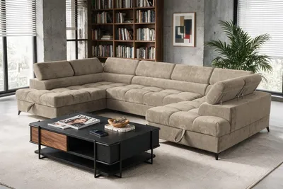 Produktbild von Sofiland BEVIANO Wohnlandschaft U-Form Schlaffunktion 345x202 cm Chenille Beige