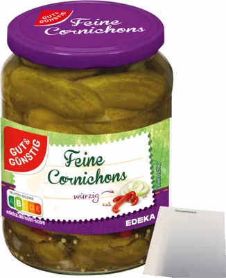 Produktbild von Gut & Günstig Cornichons würzig-pikant kleine feine Gurkensortierung (670g Glas) + usy Block