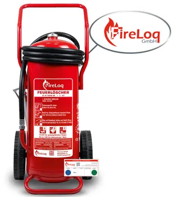 Produktbild von FireLoq 50kg fahrbarer Pulver Auflade-Löschwagen mit 10 Meter Schlauch für Brandklasse ABC Auflade Feuerlöscher inkl. Prüfnachweis