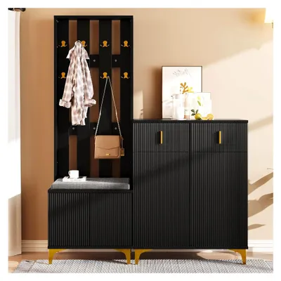 Produktbild von Schwarzes Garderobenset mit Sitzbank | Modernes Flurmöbel Set mit Schuhschrank & Polster | Kompakte Flurgarderobe für Eingangsbereich & kleine Räume, 60,5x180,5x35,2cm + 83x101x35cm