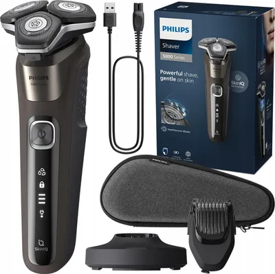 A collection of Philips shaver series 5000 products and accessories laid out on a white background.