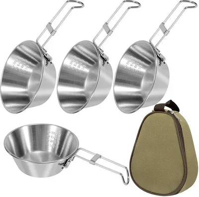 Produktbild von Ibenzoa® Kompaktes Edelstahl‑Schalen‑Set 4er, Ø12×4,5 cm, klappbare Griffe, lebensmittelecht & spülmaschinenfest – Camping & Picknick mit Aufbewahrungstasche