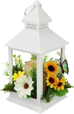 Productafbeelding van LED Kaars Lantaarn met Kunstbloemen & Vlinder - Warm Wit Sfeerlicht