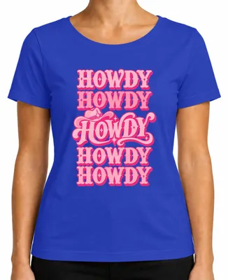 Immagine prodotto di T-shirt da donna, stile country western, con scritta "Howdy Dolly Parton Cowgirl", colore blu, taglia L