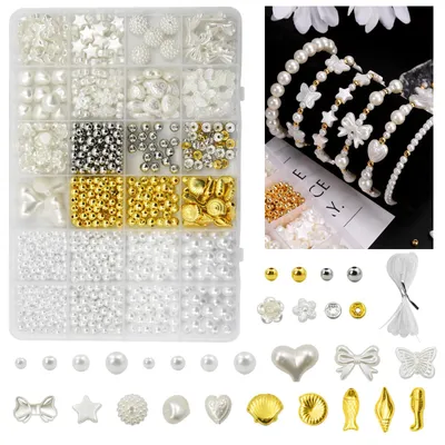 1040 Kunstperlen, weiß-gold, DIY-Schmuckset für Armbänder & Ketten