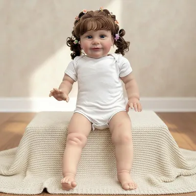 Produktbild von 66 Cm Groß, Blauäugig, Mit Baumwollkörper, Pony, Langen Lockigen Haaren Und Klebewimpern. Weißer Kurzarm-Strampler Mit Zwei Paar Haarspangen Und Zwei Paar Haargummis Mit Cartoon-Motiven. Realistische Puppe.