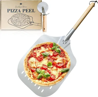 Produktbild von Perforierter Pizzaschieber mit abnehmbarem Griff - geeignet für jeden Pizzabäcker - Aluminium - 35,5 x 30,5 cm