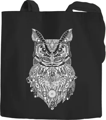 Produktbild von Jutebeutel Eule Zentangle Boho Bohamian Owl Tragetasche Stofftasche Autiga® schwarz 2 lange Henkel