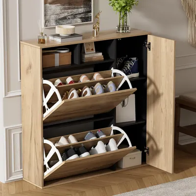 Zdjęcie produktu dla Szafka na buty z 2 drzwiczkami, 1 drzwiami, wąska szafka na buty z otwartymi przegródkami, regulowanymi półkami, komoda na buty do przedpokoju, wygląd drewna + czarny kolor