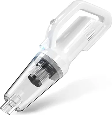 A white cordless handheld vacuum cleaner is shown against a white background.
