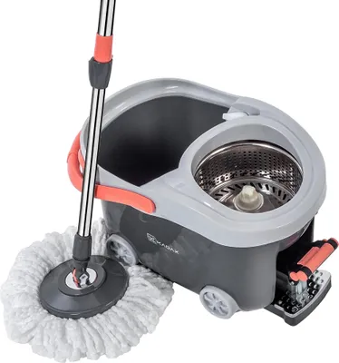 Produktbild von Wischmopp-Set mit Eimer - Drehmopp - Mit Rollen - Mikrofaser - Stiel 128 cm - Grau