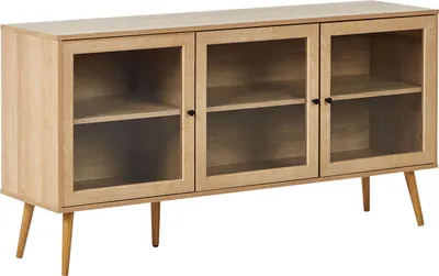 Produktbild von BELIANI Sideboard mit 3 Türen Hellbraun Spanplatte Kiefernholzbeine 2 Einlegeböden mit Glasfront Minimalistischer Stil