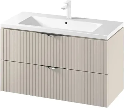 Produktbild von VBChome Waschtisch mit Unterschrank 100 cm Kaschmir Fronten mit Rillenstruktur Hängendes Badmöbel Set mit 2 Soft-Close Schubladen Keramik Waschbecken
