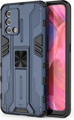A blue phone case with a kickstand and ring holder is shown.