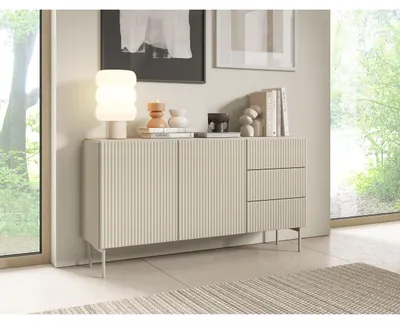 Produktbild von Gefräste Kommode 147 cm, 2-türig MUDI, elegante und moderne Kommode für Wohnzimmer, stilvolle Kommode mit 3 Schubladen, Farbe: Kaschmir