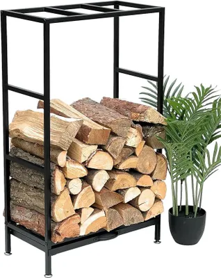 Produktbild von Kaminholzregal Innen Metall Schwarz Kaminholzständer 80 cm mit Schublade 96356 Holzkorb Kaminholzhalter Holzregal
