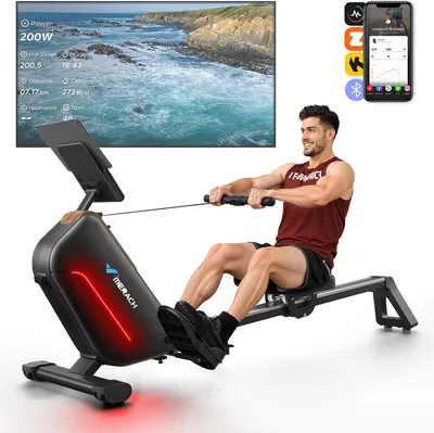 Produktbild von Merach magnetisches Rudergerät – leise, 16 Stufen, LCD-Display & Bluetooth-App, verstellbare Tablet-Halterung, 160 kg, vertikal klappbar