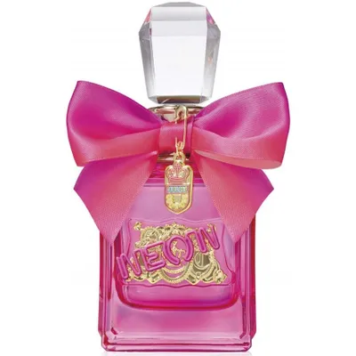 A perfume bottle with a pink bow and gold accents.