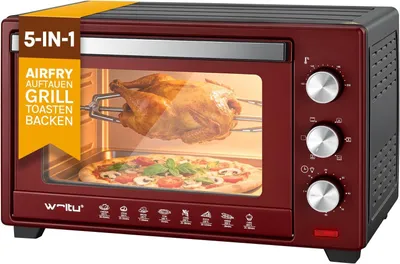 Produktbild von WOLTU Mini Backofen mit Umluft, Pizzaofen 32 L, 1600 W, 100-230 °C, 0-60 Min. Timer, 5 Heizmodi, Doppelglastür, mit Drehspieß Backblech Grillrost Krümelblech Rostheber, Schwarz+Rot
