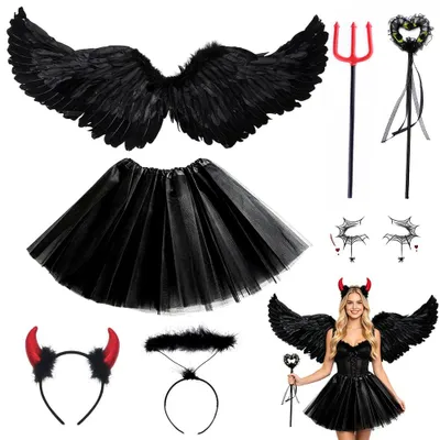 Produktbild von Halloween Kostüm Damen 7-teilig, Teufel Engel Set, schwarzes Engel Kostüm
