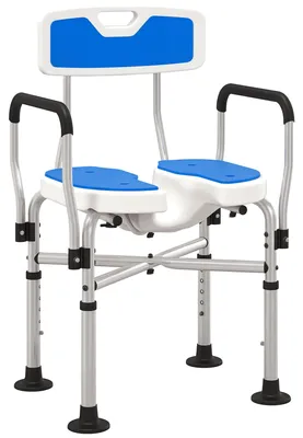 Imagen del producto de Silla de Ducha con Asiento Ranurado Altura Regulable Antideslizante Respaldo y Reposabrazos Carga 136 kg Azul