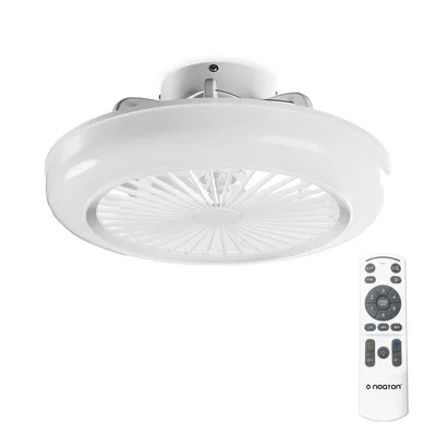A white ceiling fan with an integrated LED light and a remote control, displayed against a white background.