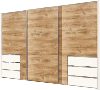 Immagine prodotto di Armadio a muro con ante scorrevoli, a 3 ante, con cassetti, in legno di rovere/bianco, 300x65x236cm
