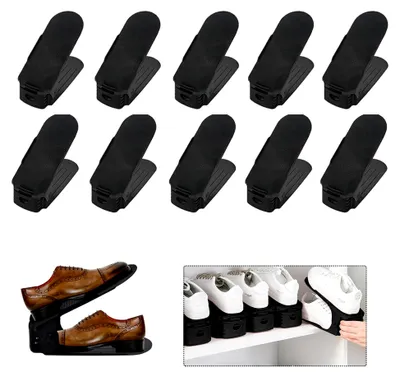 Produktbild von Einstellbare Schuhregale 20 Stück Verstellbarer Schuhhalter, 3 höhenverstellbar rutschfest Kunststoff Schuhstapler, für Schuh-Organizer Schrank Regal, Schwarz