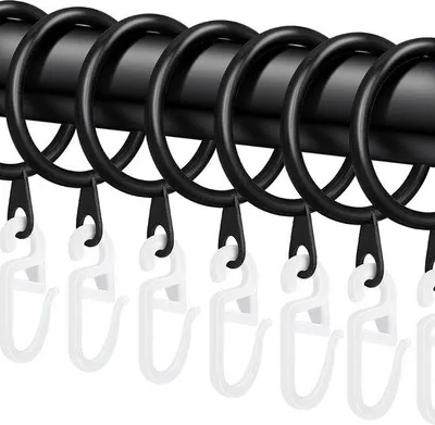 Obrázok produktu pre Uniqoos® 40 kovových krúžkov na závesy, priemer 30 mm, spolu s 40 plastových háčikov, vhodné pre závesové tyče do priemeru 27 mm, farba: čierna