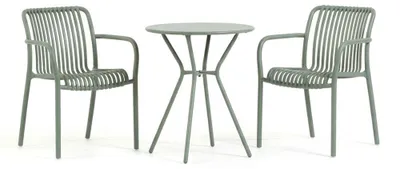 Immagine prodotto di Set da balcone con tavolo rotondo Ø 60 cm in acciaio e 2 sedie impilabili in resina con fibra di vetro – design moderno, robusto e salvaspazio per balconi, terrazze, bar e bistrot – NATHAN + SIMONA – verde