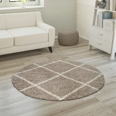 Produktbild von Hochflor Teppich Weicher Wohnzimmer Shaggy Skandinavischer Stil Rautenmuster Grösse Ø 120 cm Rund