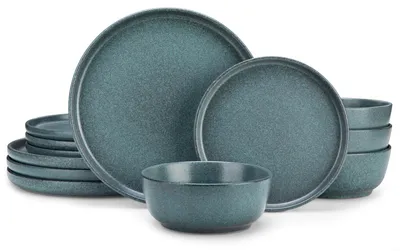Geschirr-Set 12-teilig, rund, aus Steinzeug, blau, mikrowellengeeignet