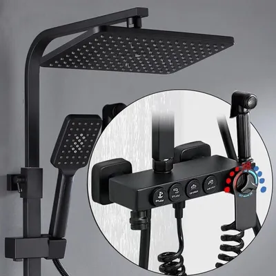 Produktbild von Schwarz Thermostatische Duschsäule Duscharmatur Brausegarnitur Regenbrause Brause System Duschkopf Dusche