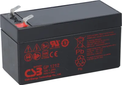 A black battery with red markings and silver terminals on a white background.