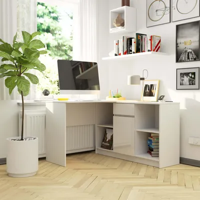 Produktbild von Eckschreibtisch mit Sideboard – Eck Computertisch – Bürotisch – Weiß / Hochglanz – 120 cm – Flexible Arbeitsplatzlösung mit integrierter Kommode