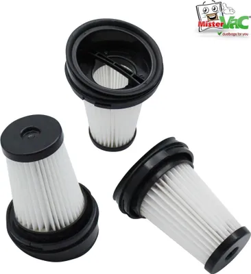 Three vacuum cleaner filters are arranged on a white background, with a logo in the top right corner.